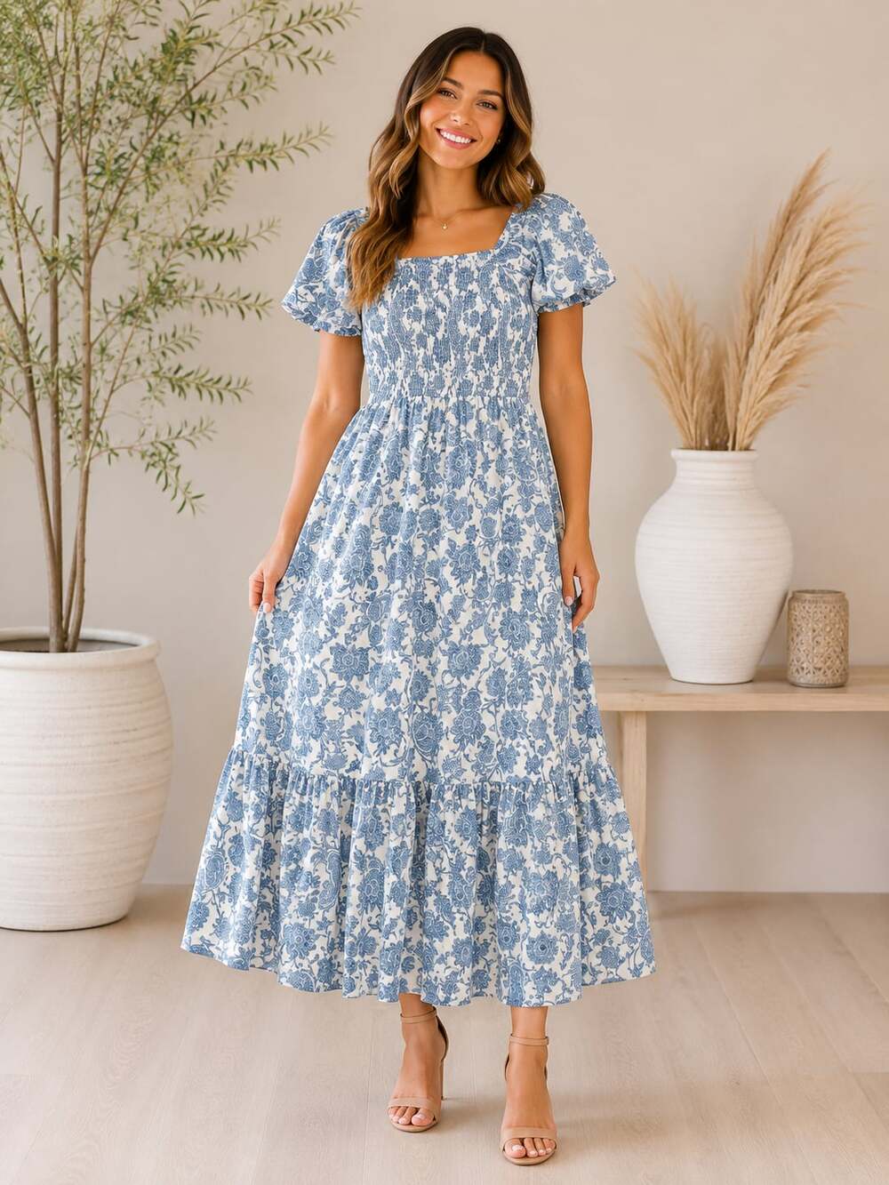Sirenlily Blue Toile Maxi Dress Large Smocked Flutter Sleeve Cottagecore